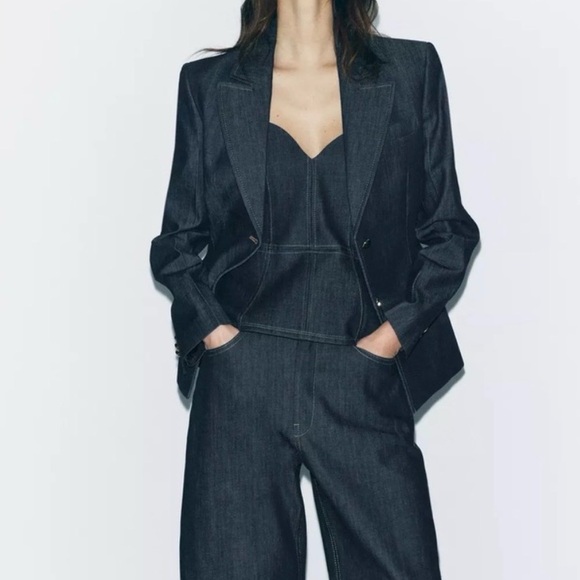 Zara Denim Tailored Denim Blazer Fully Lined One Button Size X-Small - Picture 2 of 8